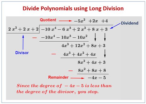 A tool to divide polynomials using long division, a method that involves dividing the leading term of the dividend by the leading term of the divisor and repeating the process until there is a remainder of lower degree than the divisor. See the formula, examples, and FAQs for more details. 
